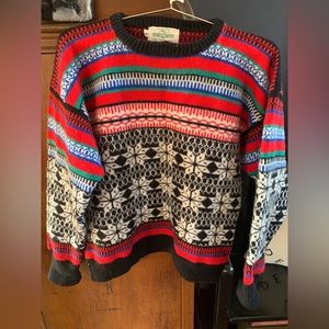 Stowe Woolens Vintage Nordic Crewneck Sweater, S, Color Block Pattern, 100% Wool